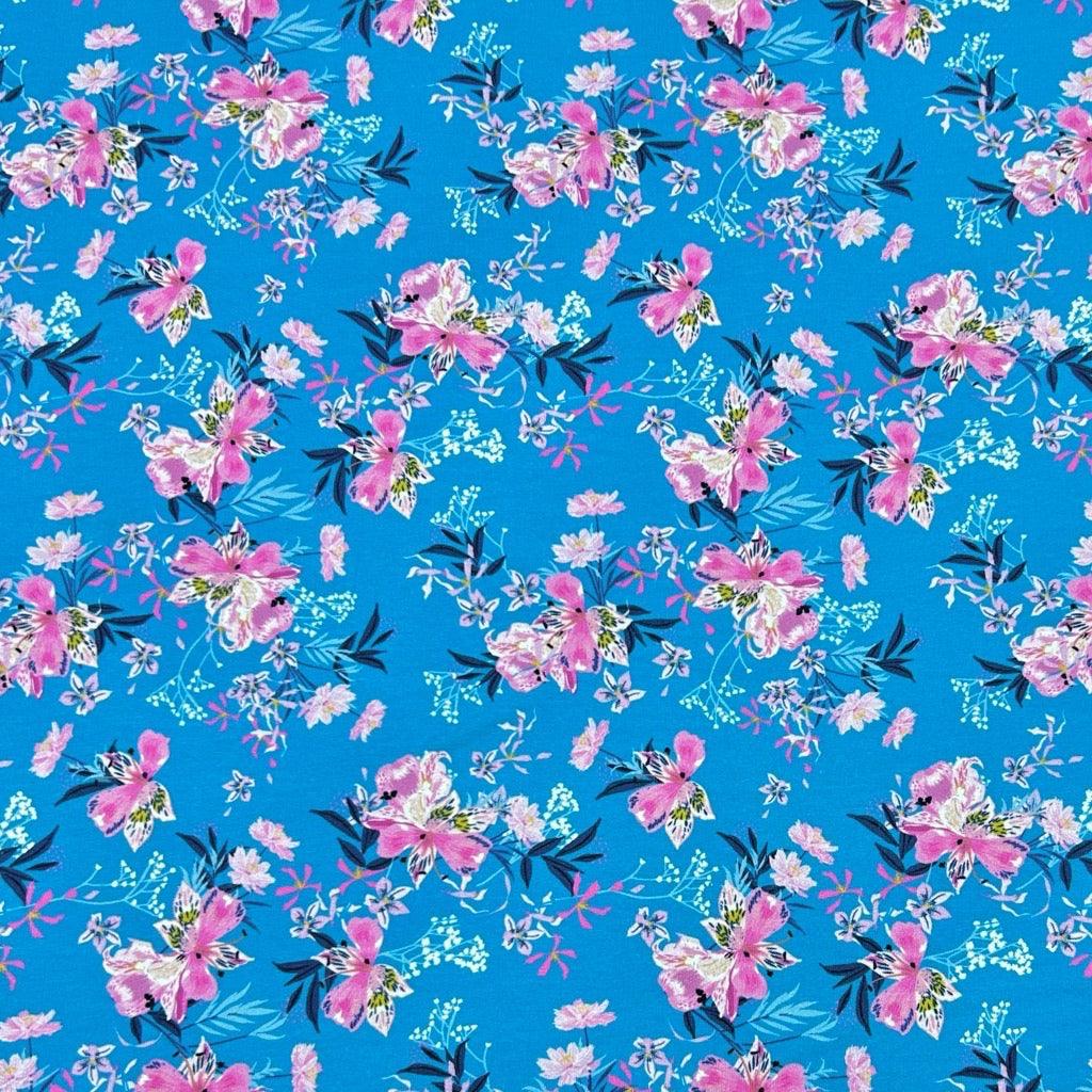 Pink Flowers on Blue French Terry Fabric Best UK Prices Pound