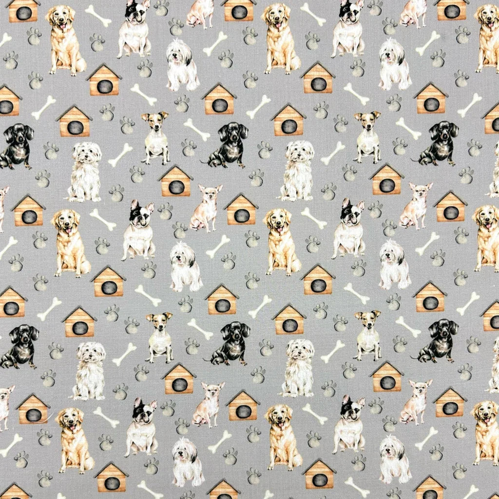 Buy Dog House and Paws Polycotton Fabric for Sewing, Dressmaking & Crafts - Pound Fabrics