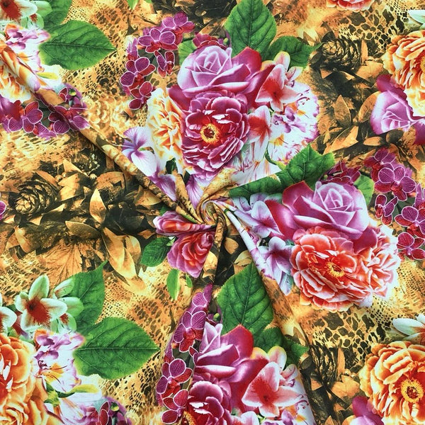 Large Vibrant Floral on Gold CottonTouch Polyester Fabric Pound Fabrics