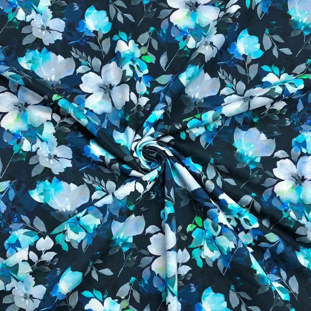 Elegant Silver and Blue Floral French Terry Fabric Best UK