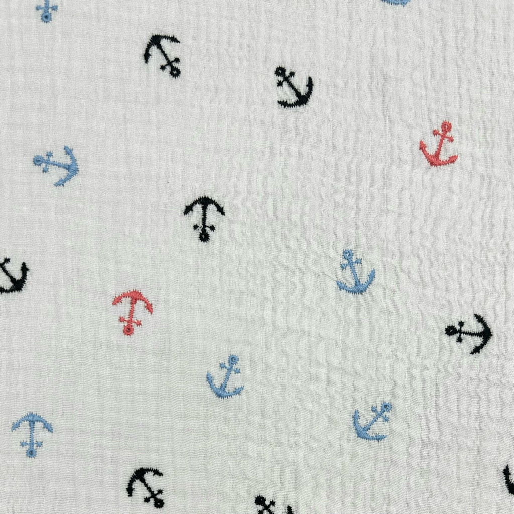 Embroidered Anchors on Ivory Double Gauze Fabric