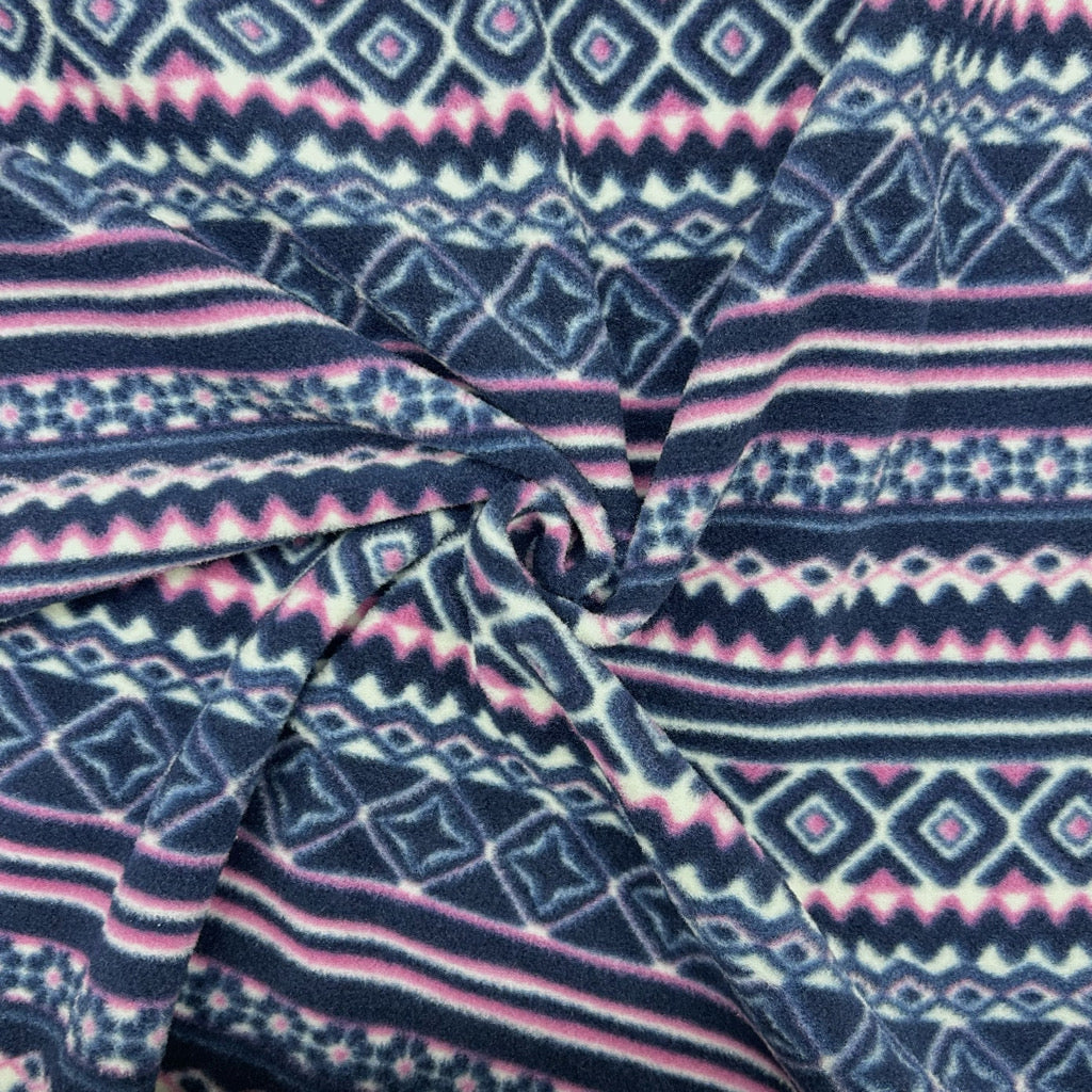 Navy/Pink Aztec Print Anti Pill Polar Fleece Fabric - Pound Fabrics