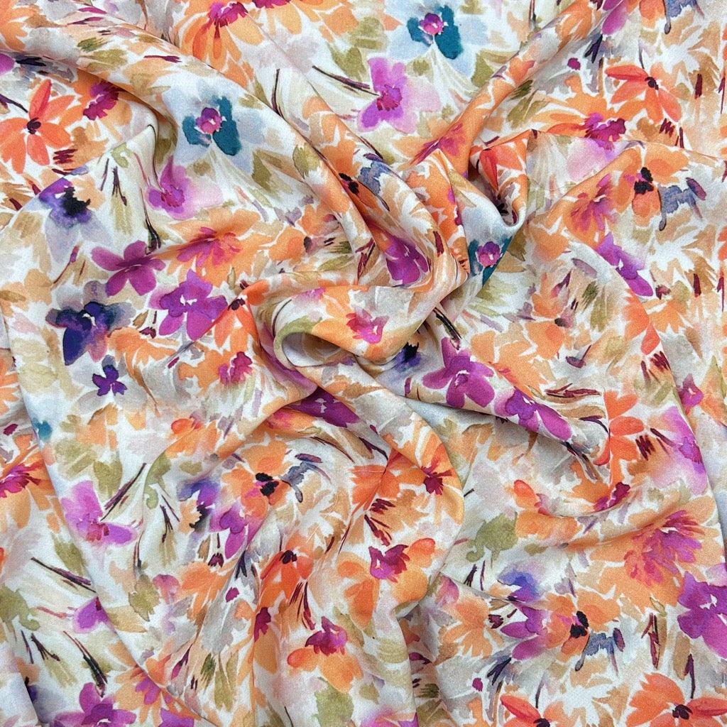 Orange and Purple Meadow Viscose Challis Fabric - Pound Fabrics