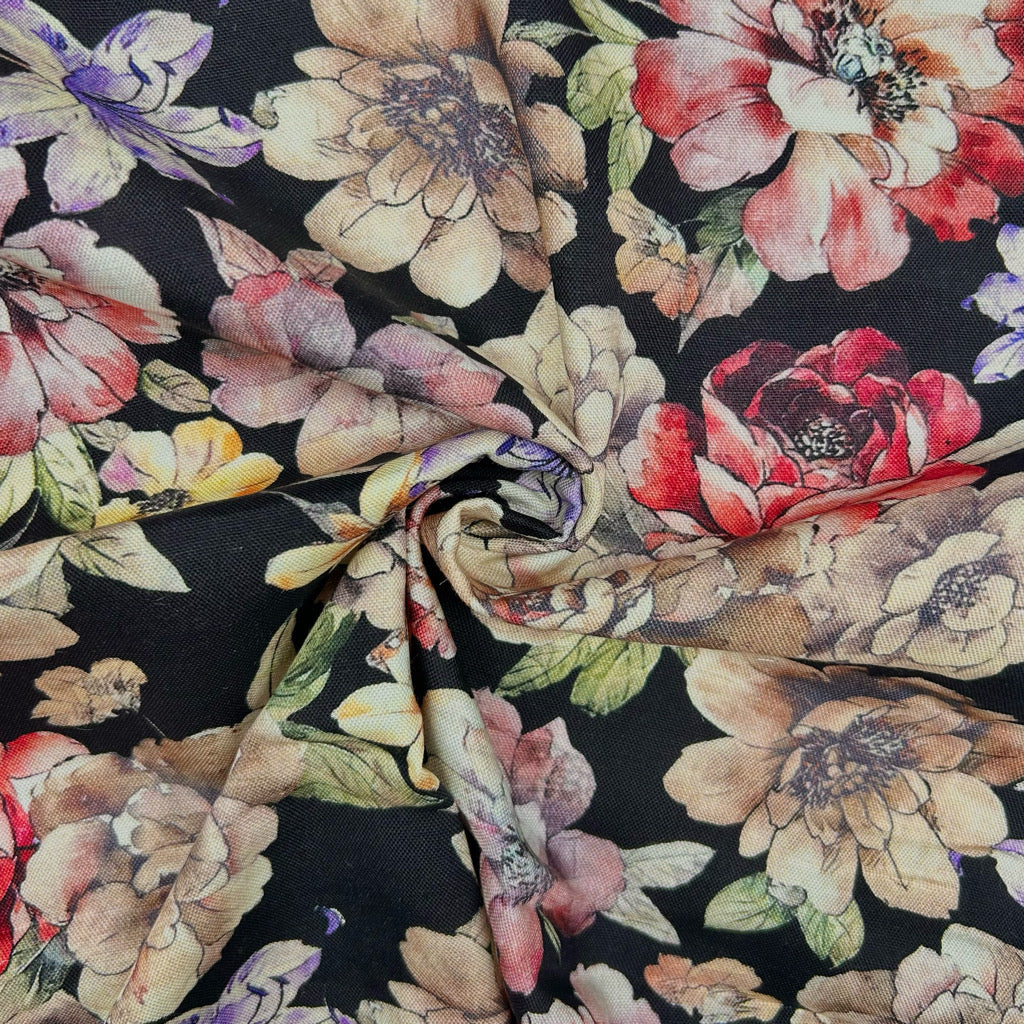 Bright Floral on Black Linen Viscose Fabric