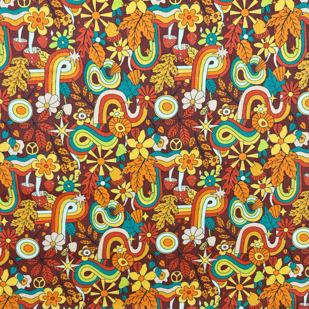 Retro Autumn on Brown Needlecord Fabric