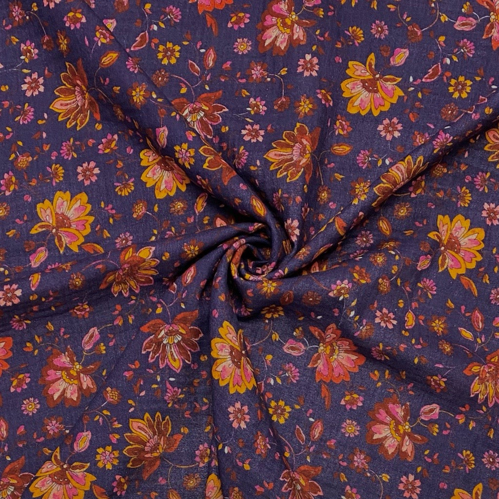 Flowers on Purple Digital Print Double Gauze Fabric