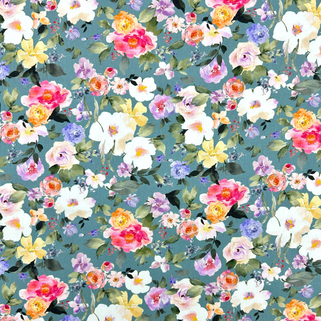 Colour Wash Flowers Rose & Hubble Cotton Poplin Fabric
