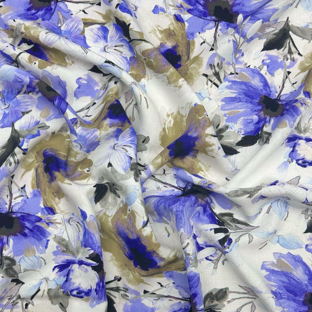 Flower Paintings on White Viscose Challis Fabric