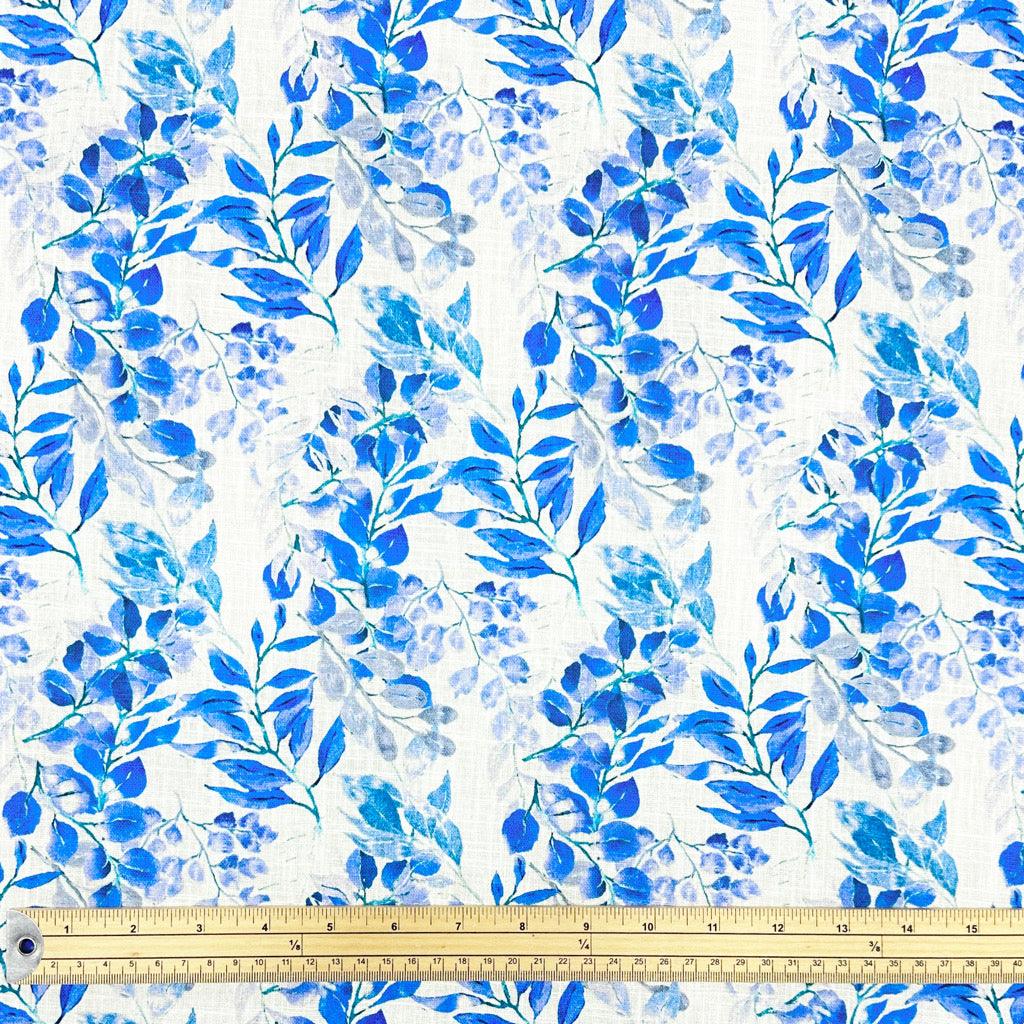 Blue Leaves on White Linen Blend Fabric - Pound Fabrics