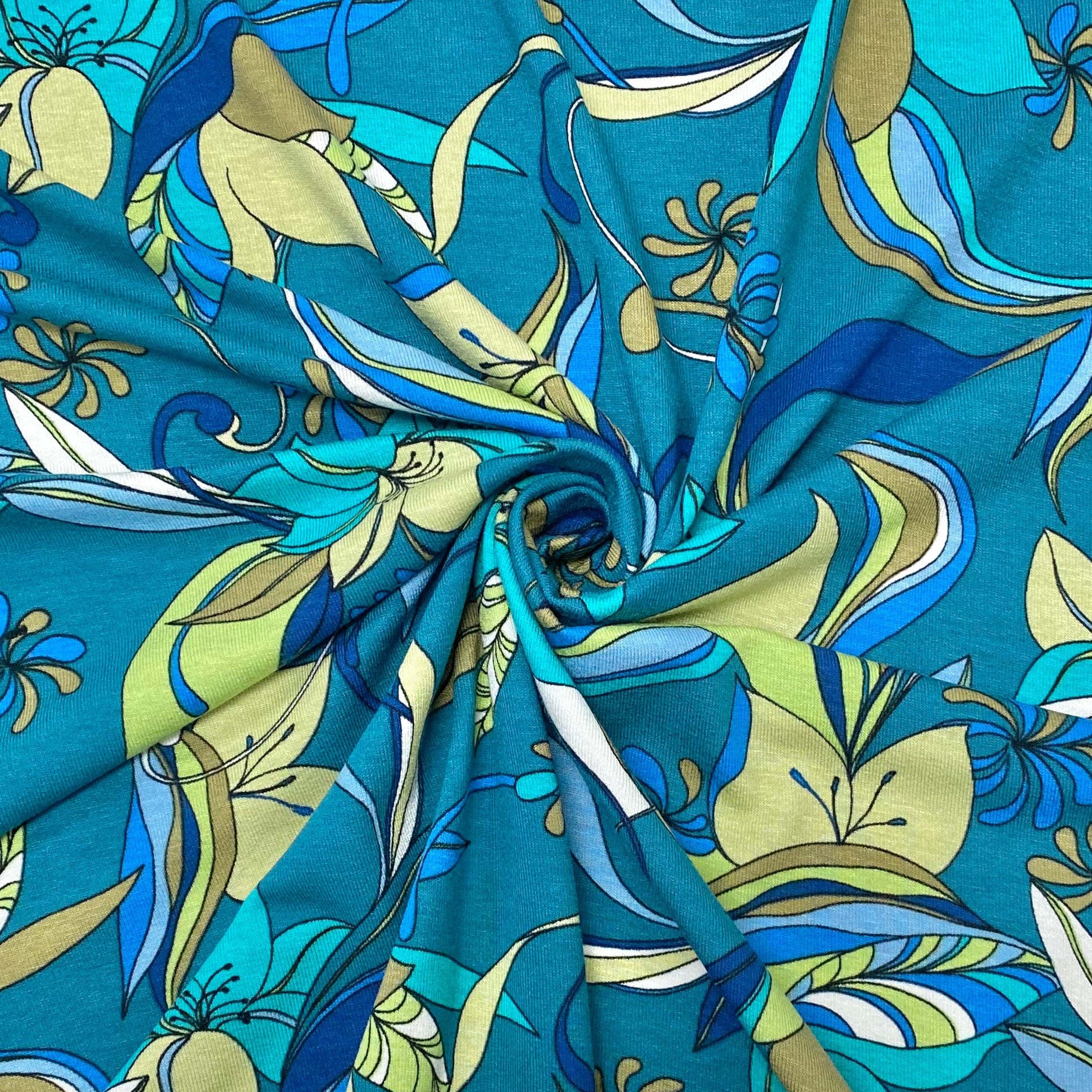 Animated Floral on Teal Viscose Jersey Fabric – Pound Fabrics