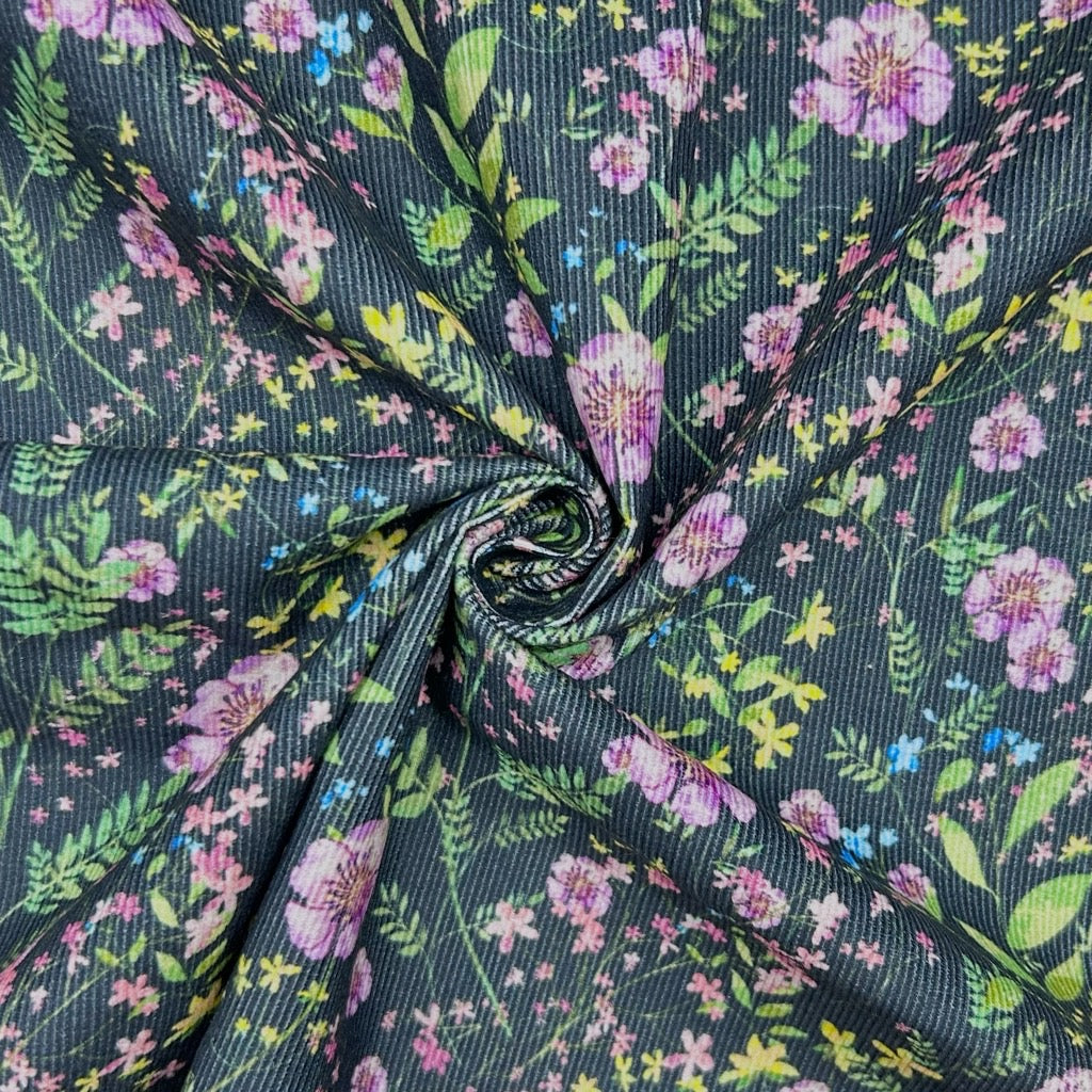Shadow Garden on Navy Needlecord Fabric