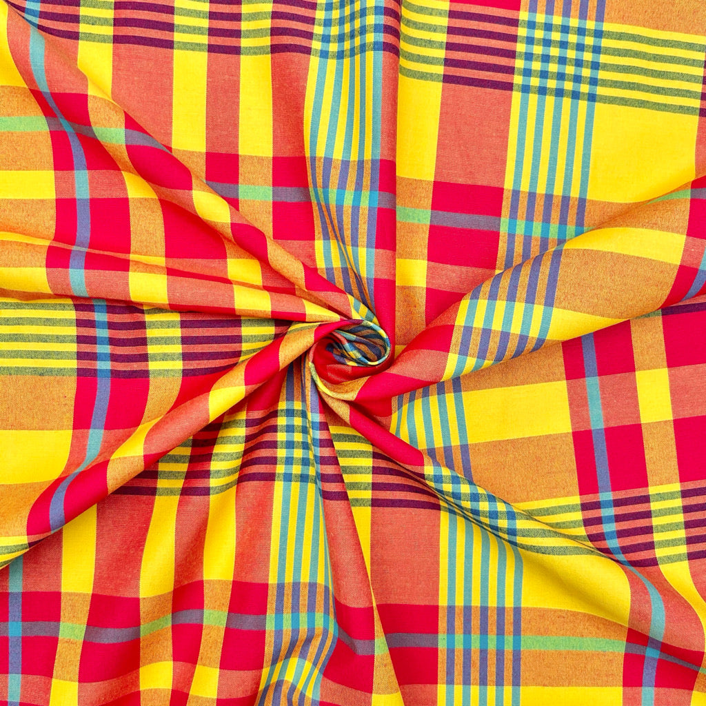 Yellow and Red Madras Check Cotton Fabric