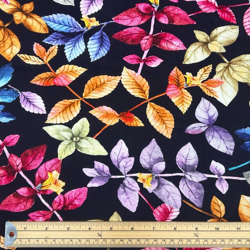 Leafy Garden on Black Viscose Challis Fabric