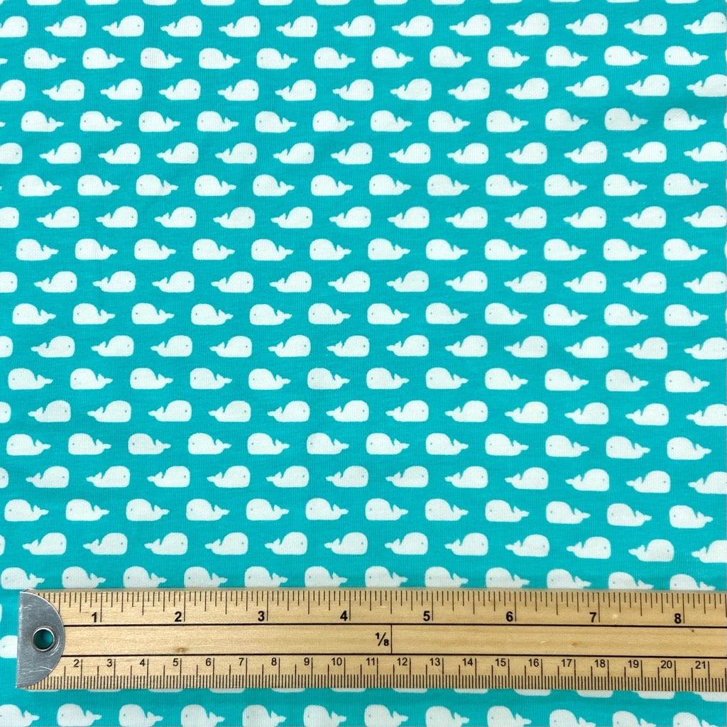 Whales on Light Teal Cotton Jersey Fabric - Pound Fabrics