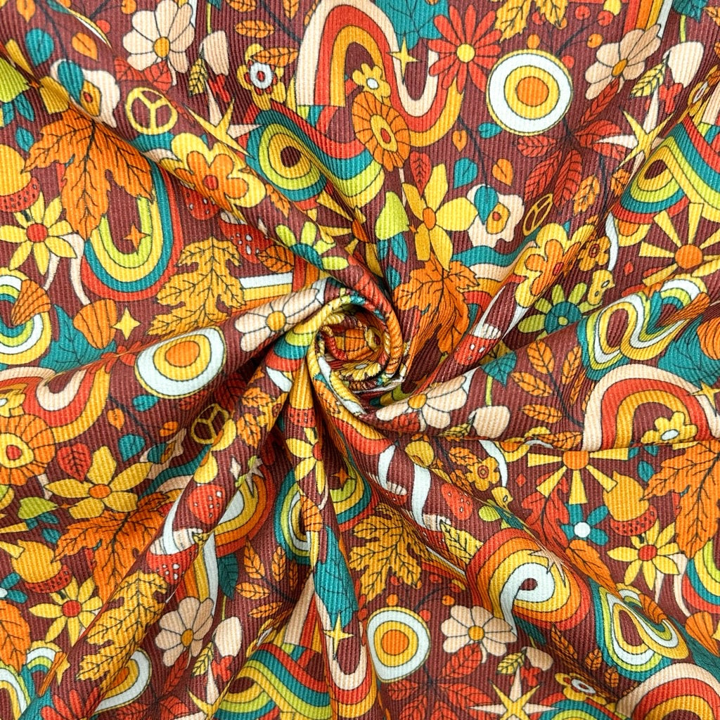 Retro Autumn on Brown Needlecord Fabric