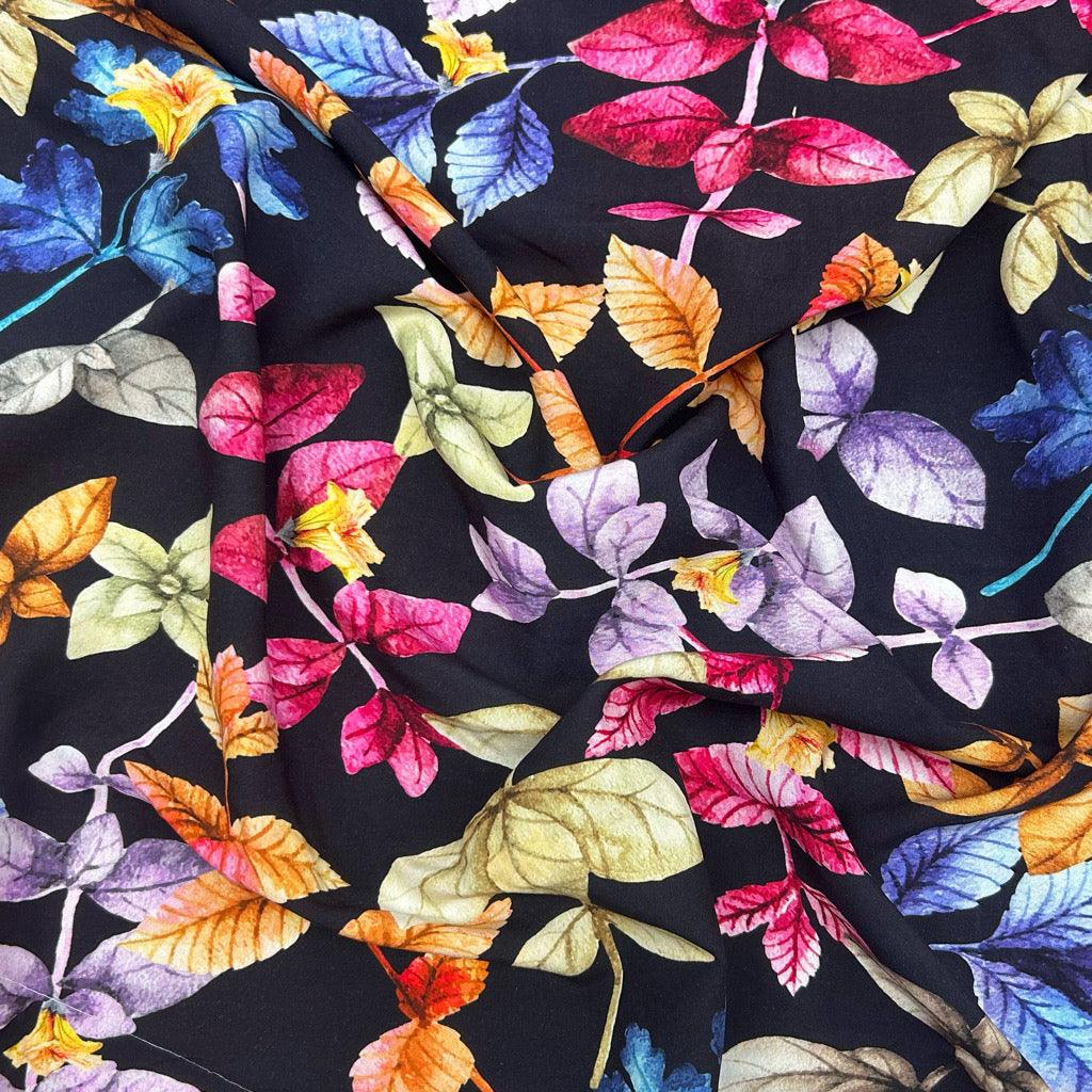 Leafy Garden on Black Viscose Challis Fabric