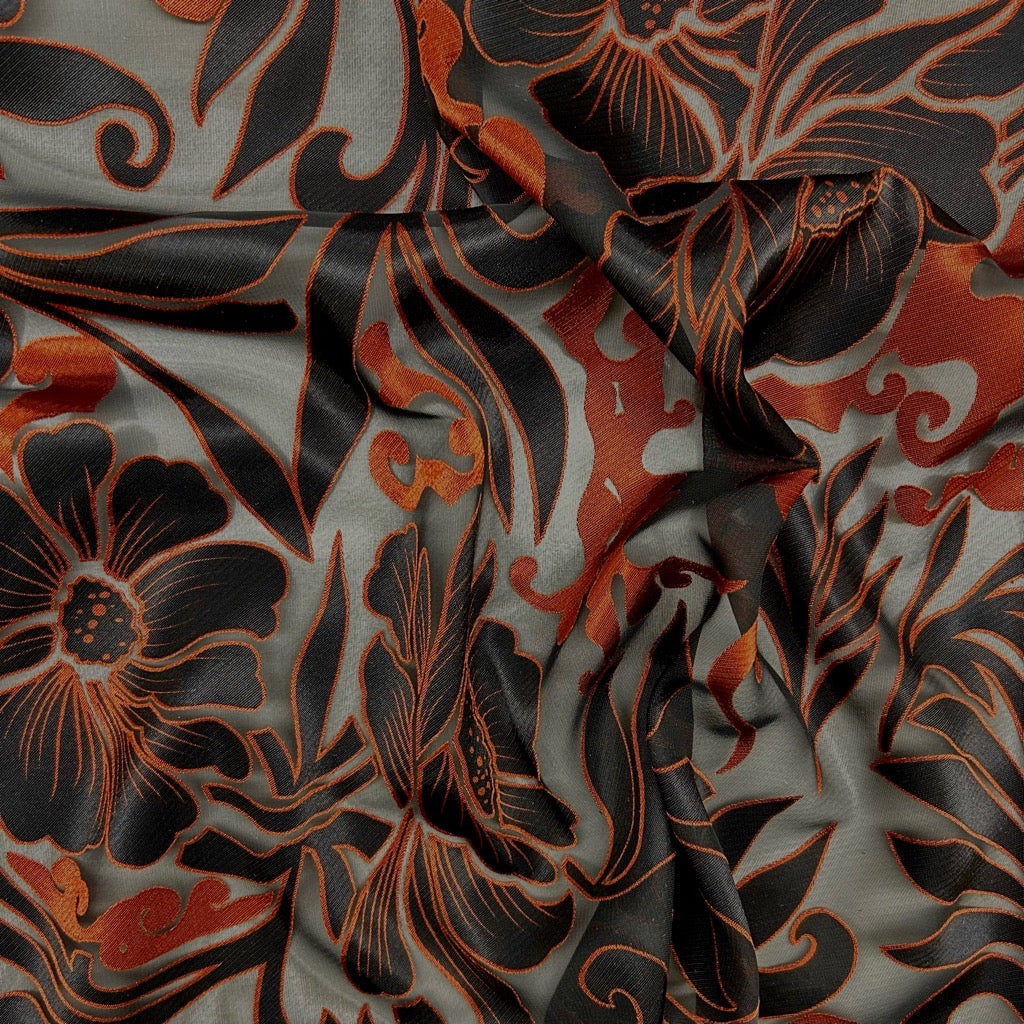 Dark Bloom on Black PolyViscose Fabric