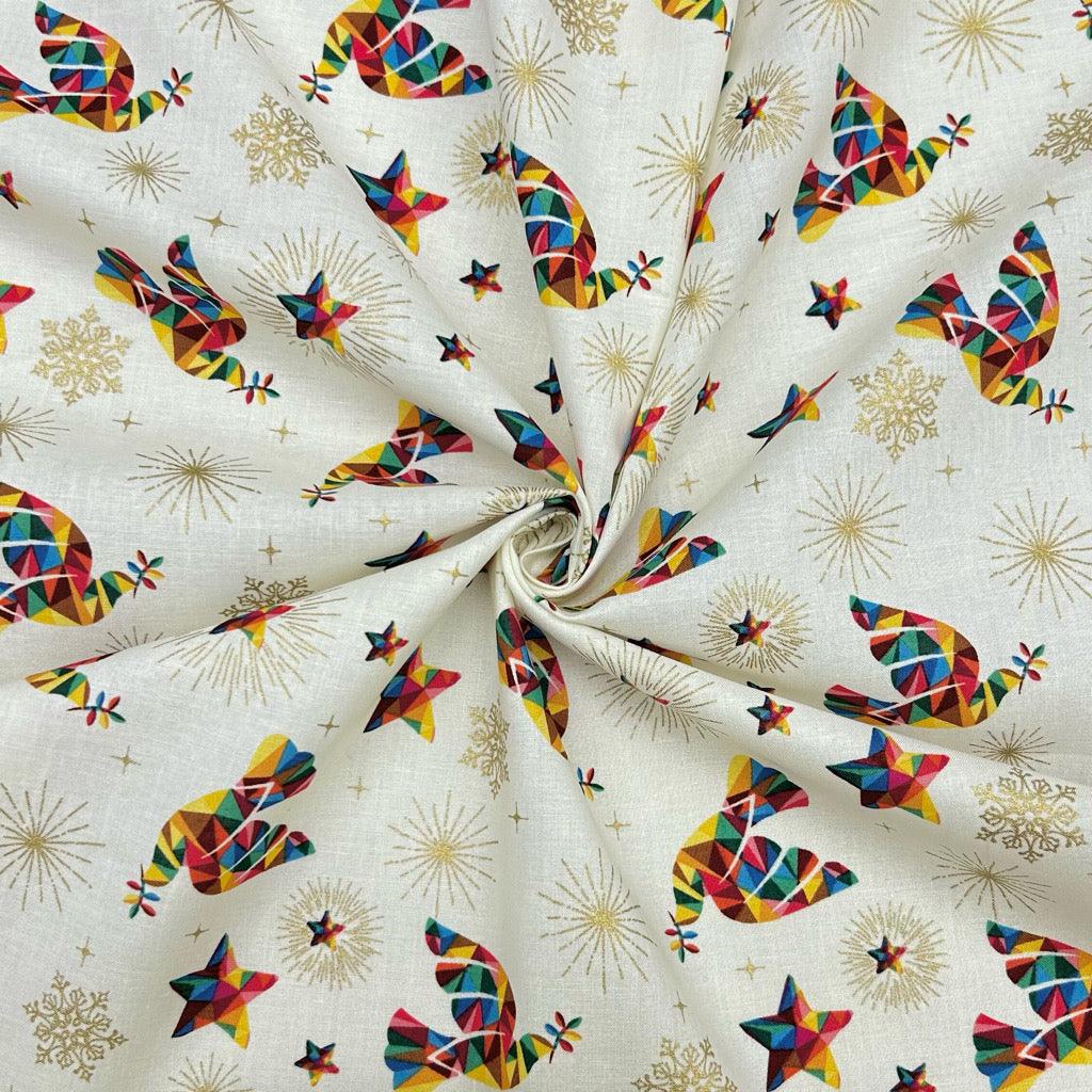 Rainbow Christmas Doves Cotton Fabric - Pound Fabrics