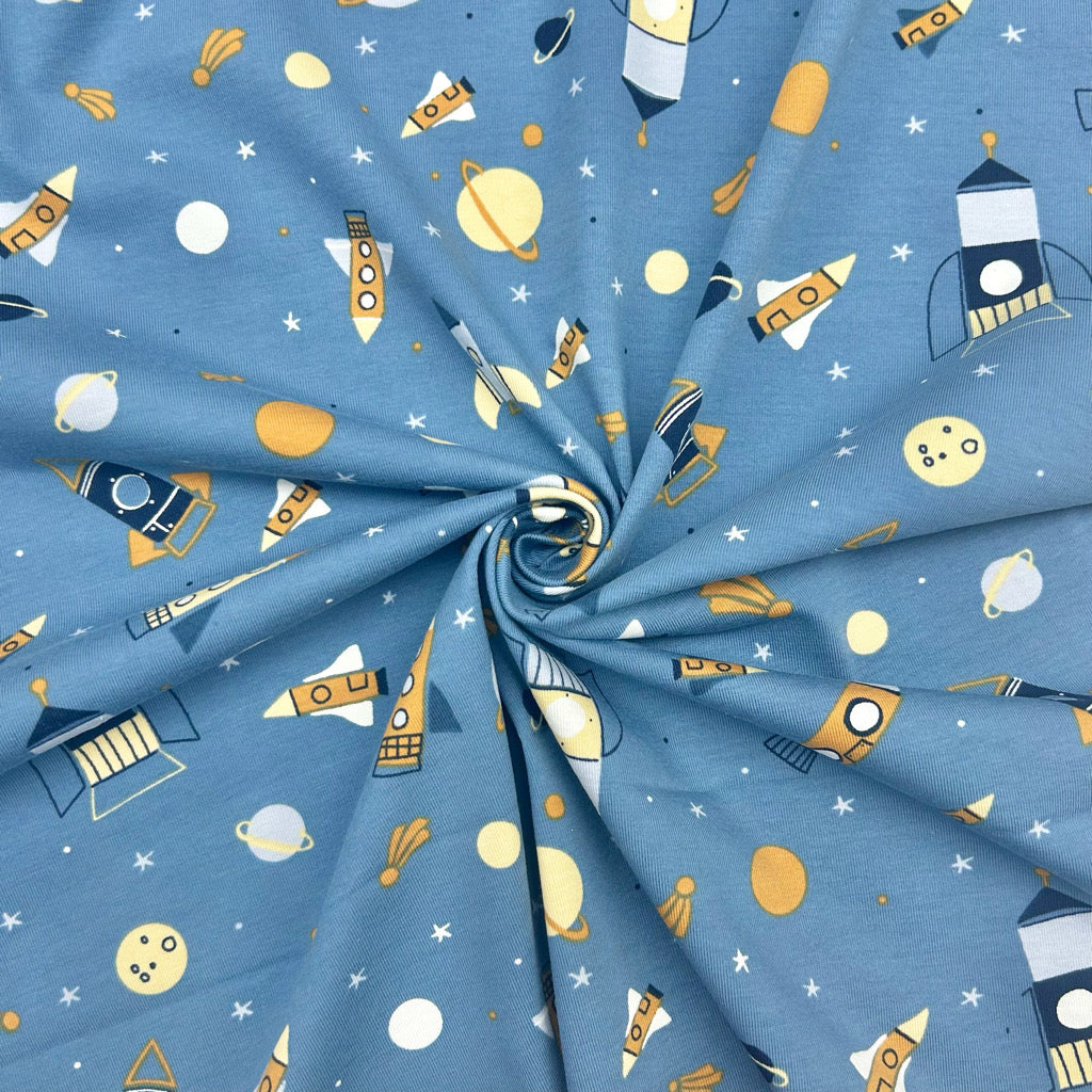 Space Rockets Cotton Jersey Fabric