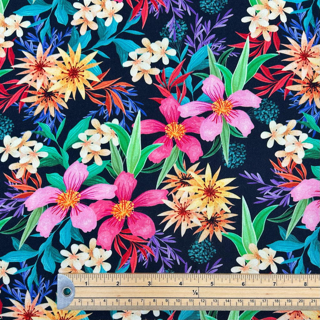 Vibrant Flowers on Black Viscose Twill Fabric