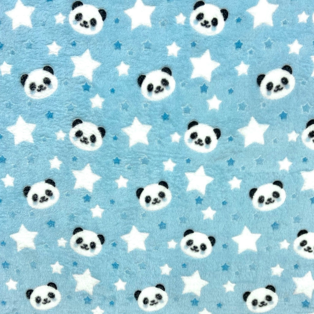 Panda Faces on Blue Soft Fleece Fabric - Pound Fabrics