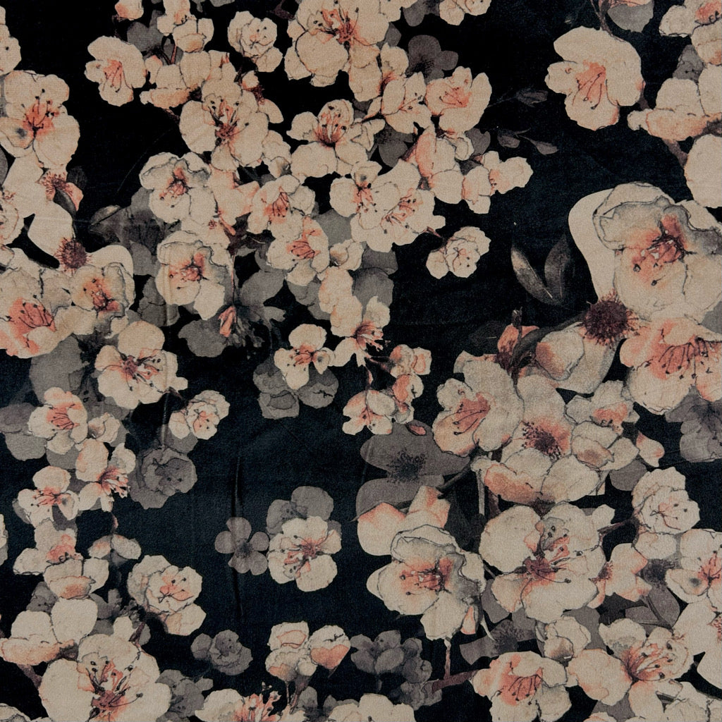Cherry Bloom on Black Stretch Velvet Fabric
