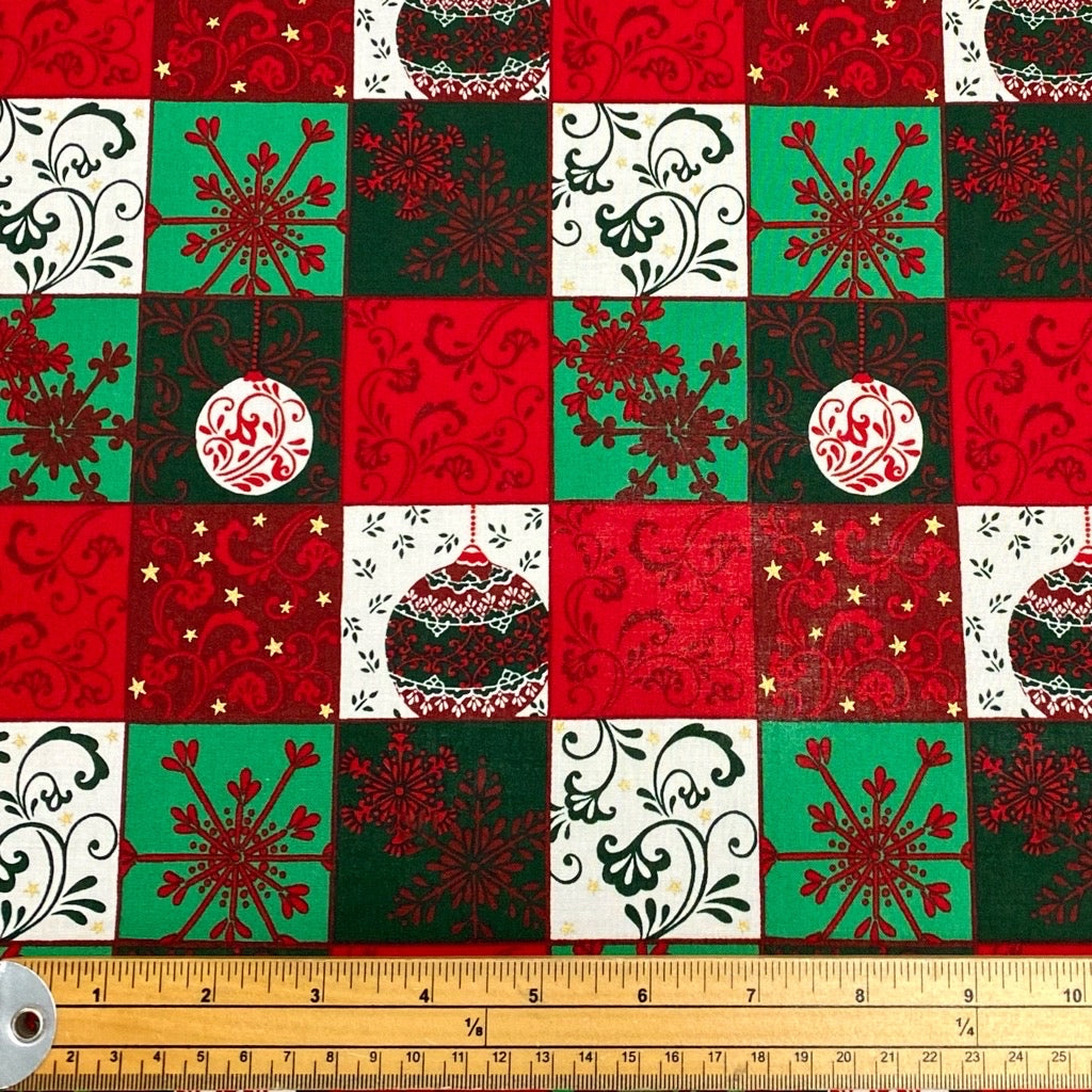 Green, Red &amp; White Squares Cotton Fabric