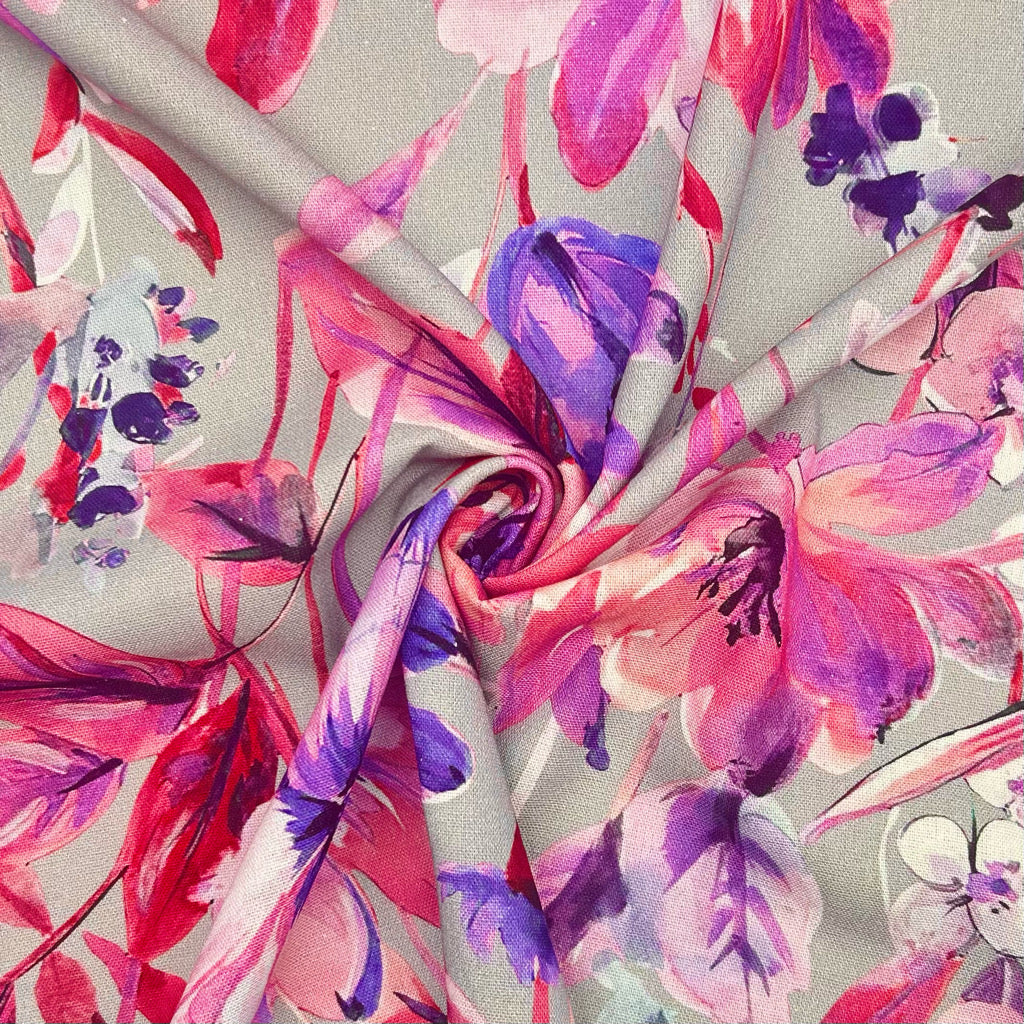 Gardens on Grey Linen Blend Fabric