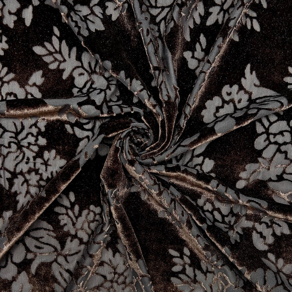 Serene Bloom on Brown Burnout Velour Fabric