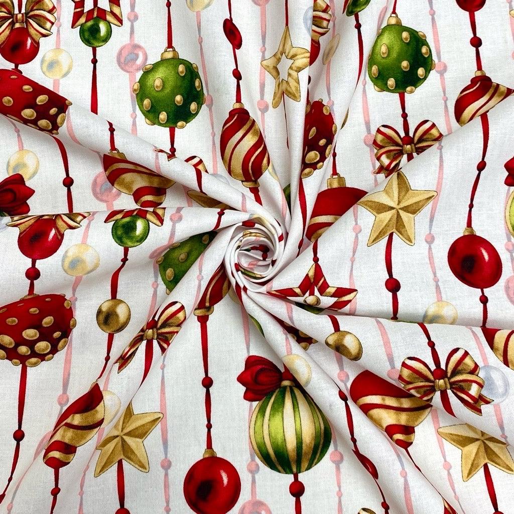 Xmas Ornaments on White Cotton Fabric - Pound Fabrics