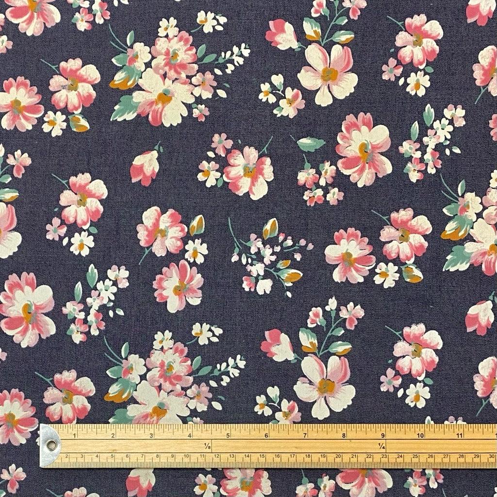 Pink Flowers Chambray Denim Fabric - Pound Fabrics