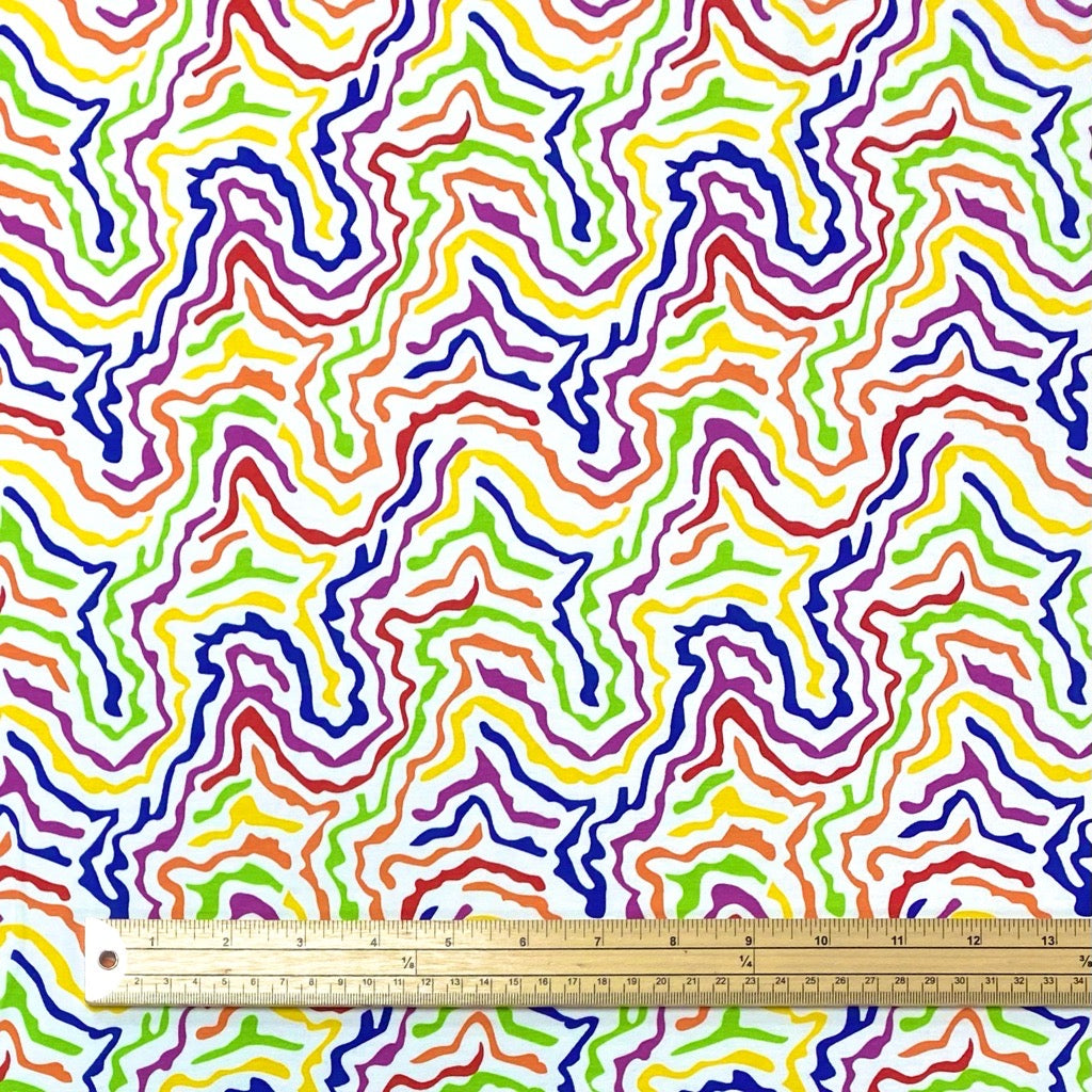 Rainbow Squiggles on White Cotton Jersey Fabric