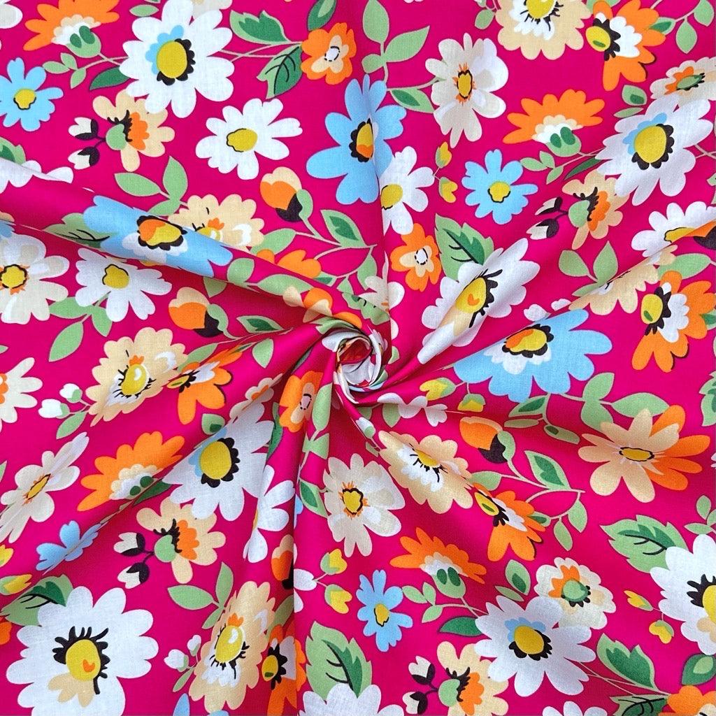 Blue, Orange and White Floral Cotton Poplin Fabric - Pound Fabrics