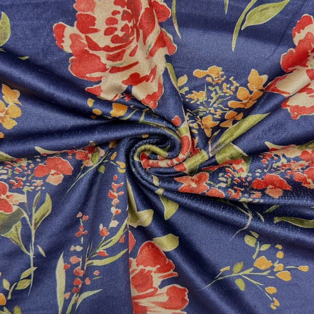 Wild Flowers on Navy Stretch Velvet Fabric