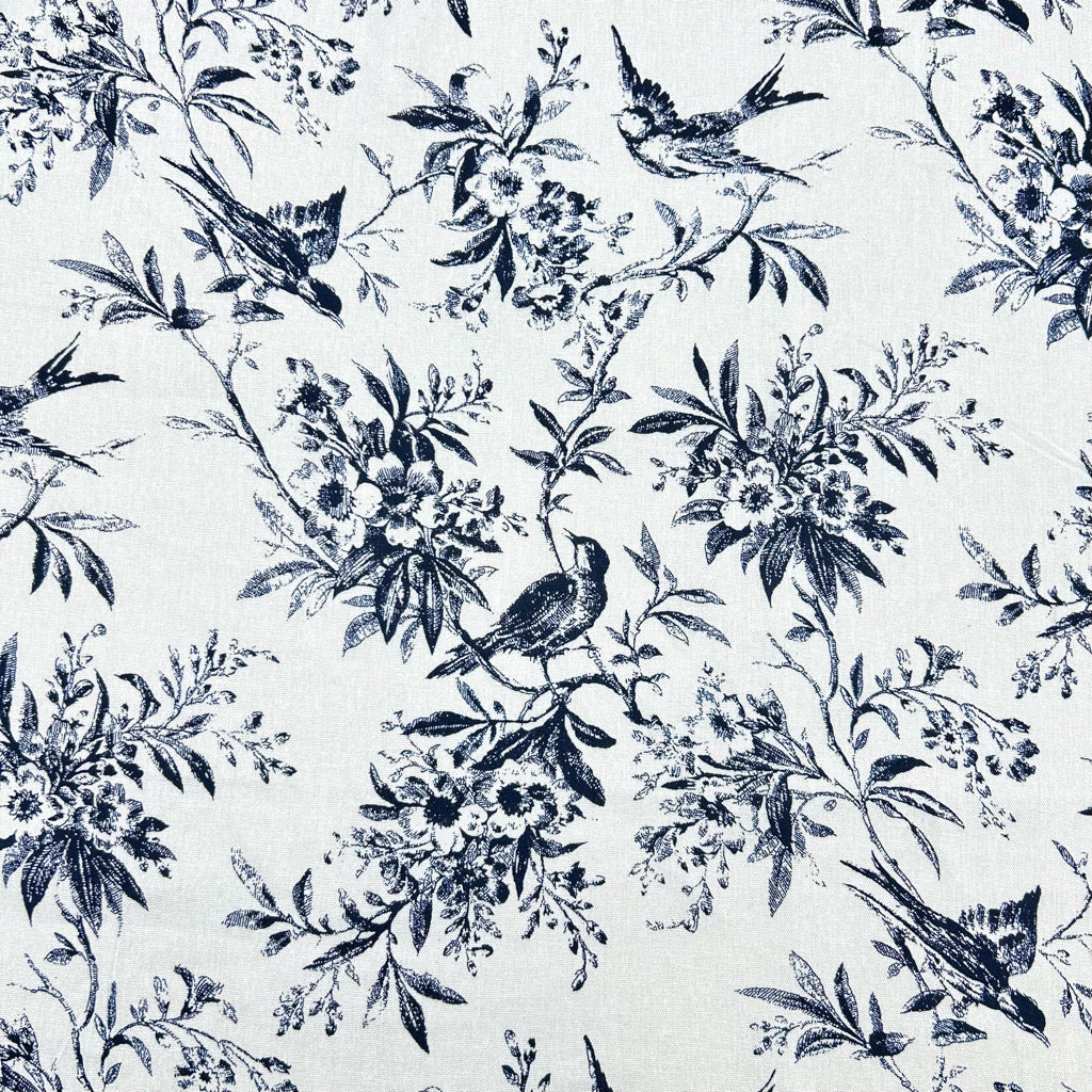 Vintage Birds and Flowers Viscose Linen Fabric