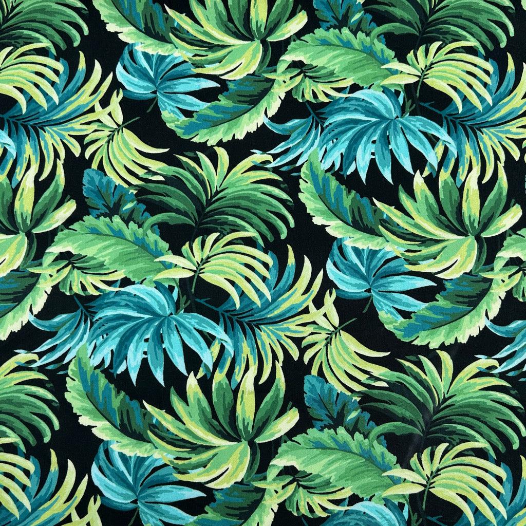 Tropical Leaves on Black Viscose Twill Fabric - Pound Fabrics