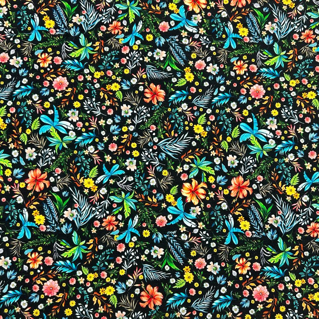 Busy Floral on Black Bamboo Jersey Fabric - Pound Fabrics