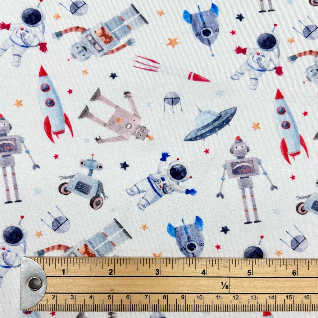 Rocket and Robot Organic Cotton Jersey Fabric - Little Johnny