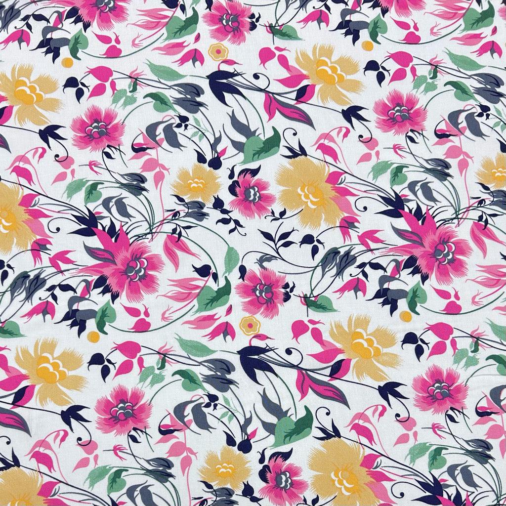 Pink and Yellow Floral on White Viscose Challis Fabric - Pound Fabrics