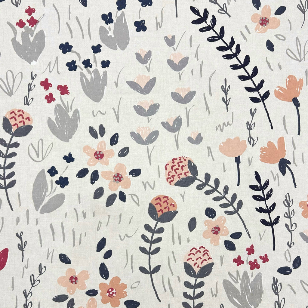 Flower Drawings on Ivory Cotton Furnishing Fabric