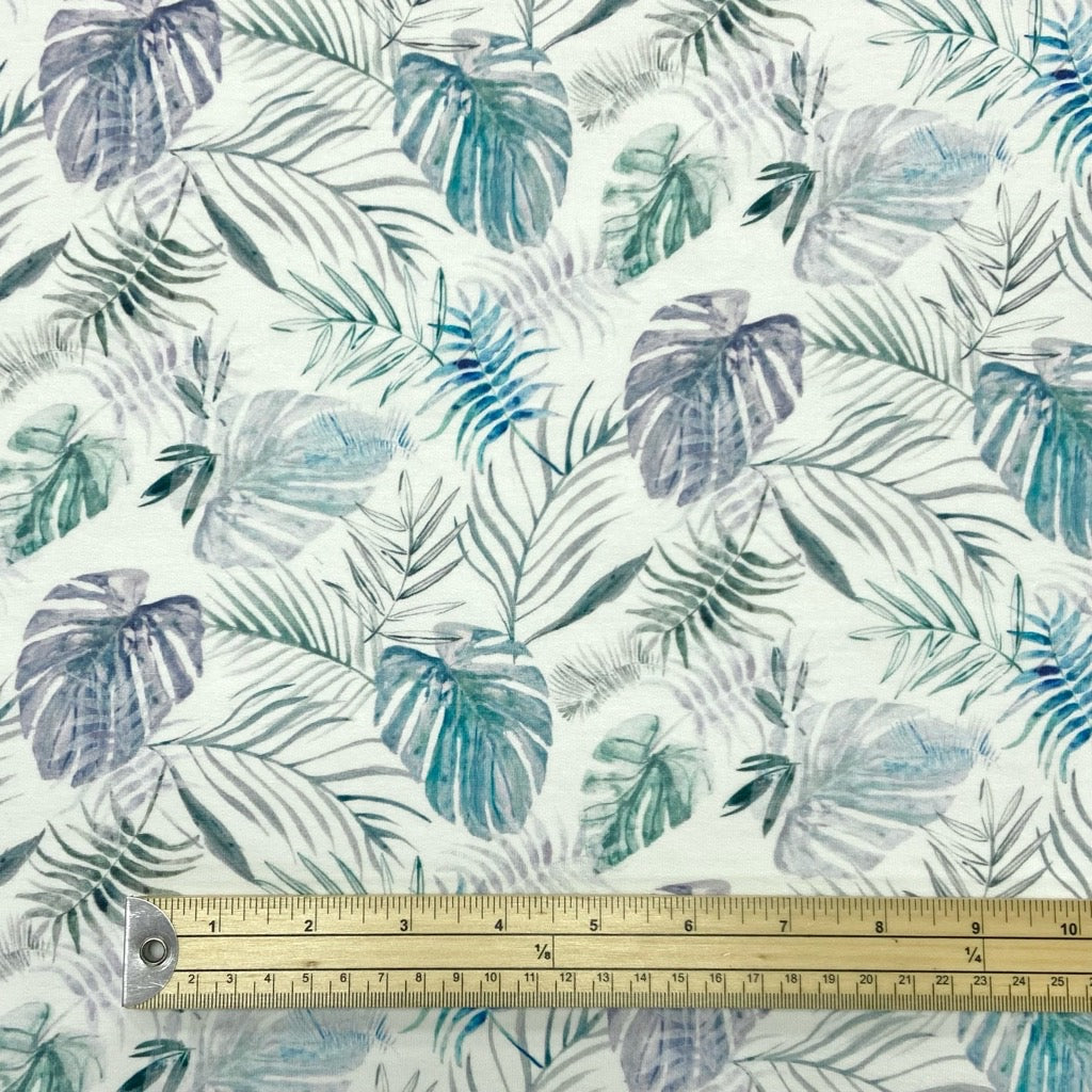 Tropical Leaves on White Organic French Terry Fabric