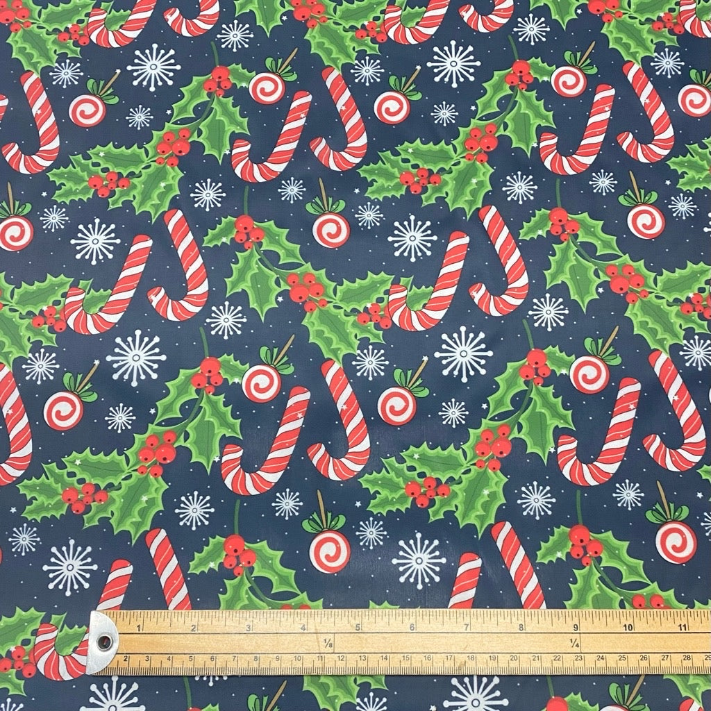 Candy Cane and Holly Polyester Lining Fabric
