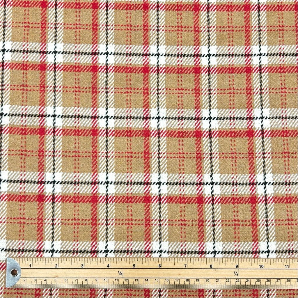 Red and Beige Checkered Wool Blend Fabric - Pound Fabrics