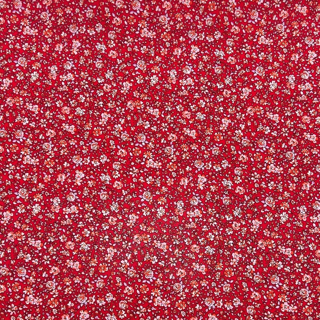Cartoon Roses on Red Crepe Fabric - Pound Fabrics