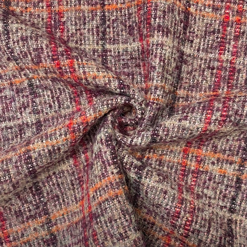 Red and Plum Checkered Wool Boucle Fabric