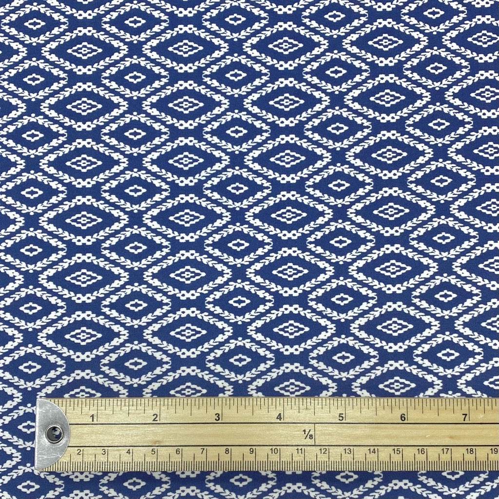 White Abstract Patterns on Navy Lycra Spandex Fabric