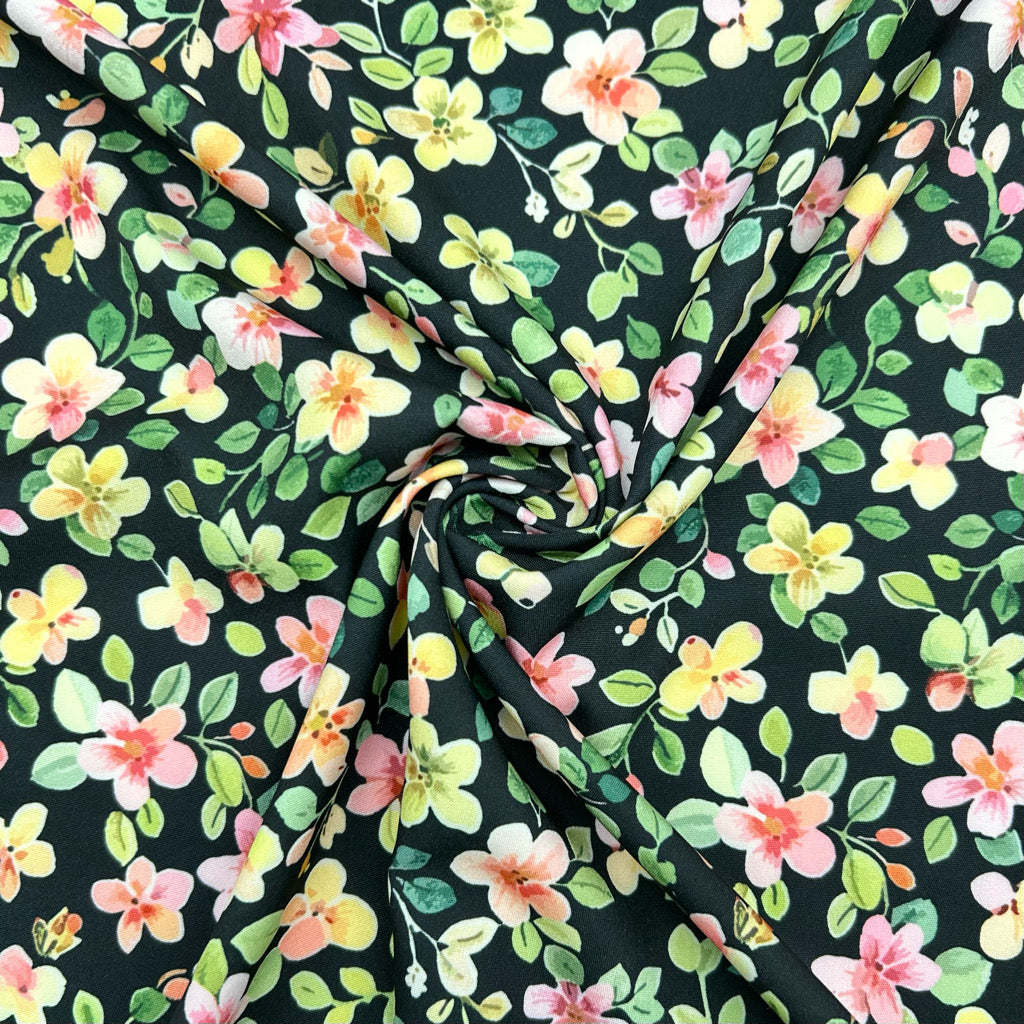 Cute Flowers on Black Polyester Fabric