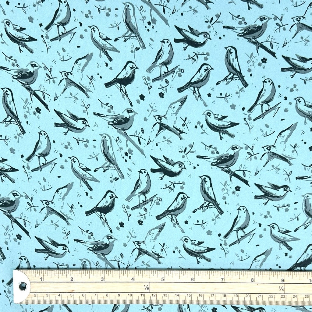 Birds on Blue Satin Fabric - Pound Fabrics