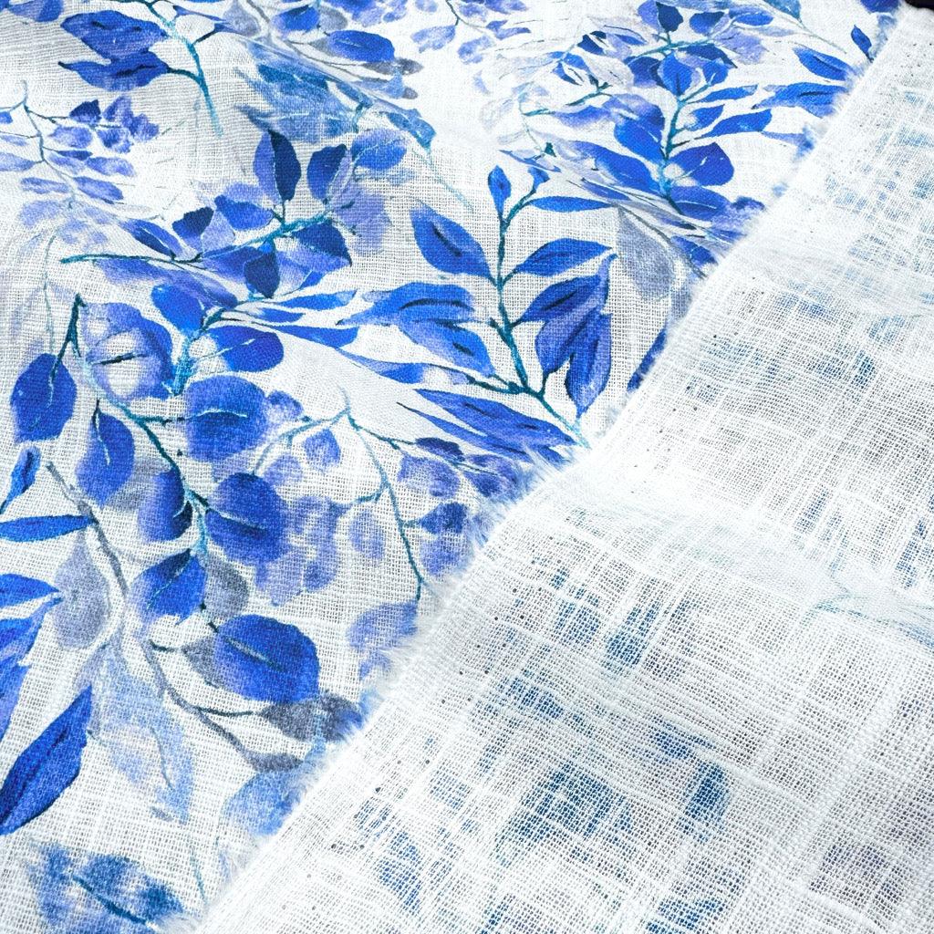 Blue Leaves on White Linen Blend Fabric - Pound Fabrics