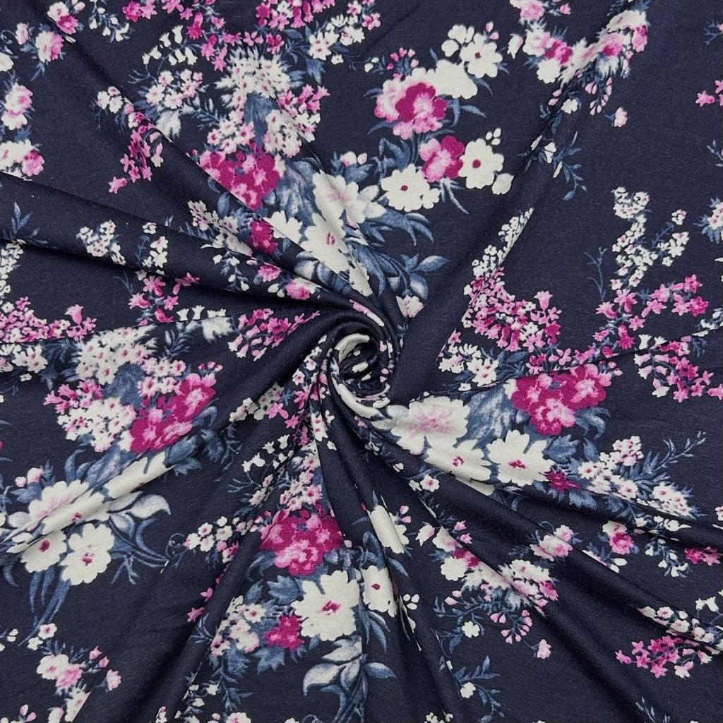 Purple Floral on Midnight Knit Fabric - Pound Fabrics